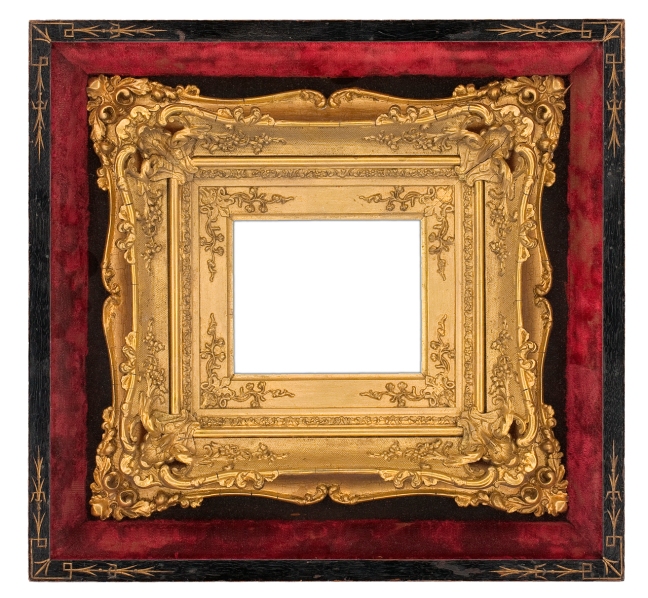 American gilt Rococo-style composition frame with extended scrolling foliate corners on panels textured with netting in a velvet-lined black shadow box exhibiting incised corners