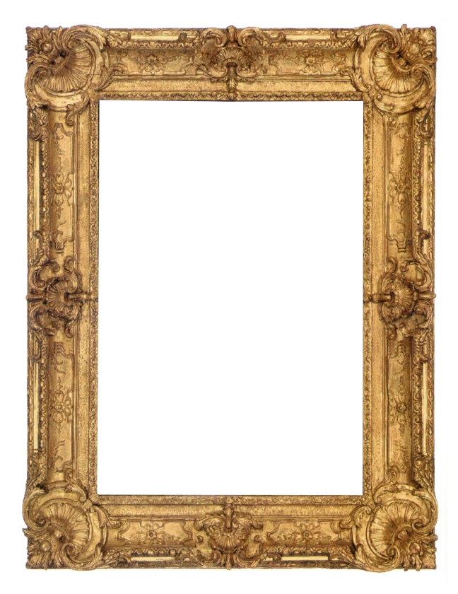 18th-century Régence carved and gilt frame with elaborate pierced corner and center cartouches, rosette demi-centers on finely crosshatched panels and foliate slight edge