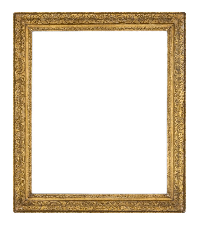 A mid-18th-century English carved and gilded Louis XIV-style frame with continuously carved scrolls and floral sprigs (4746)