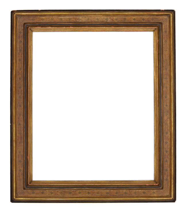 An early 20th-century gilded American cassetta frame of reverse profile with stenciled design on a painted panel by the Newcomb-Macklin Company (6094)